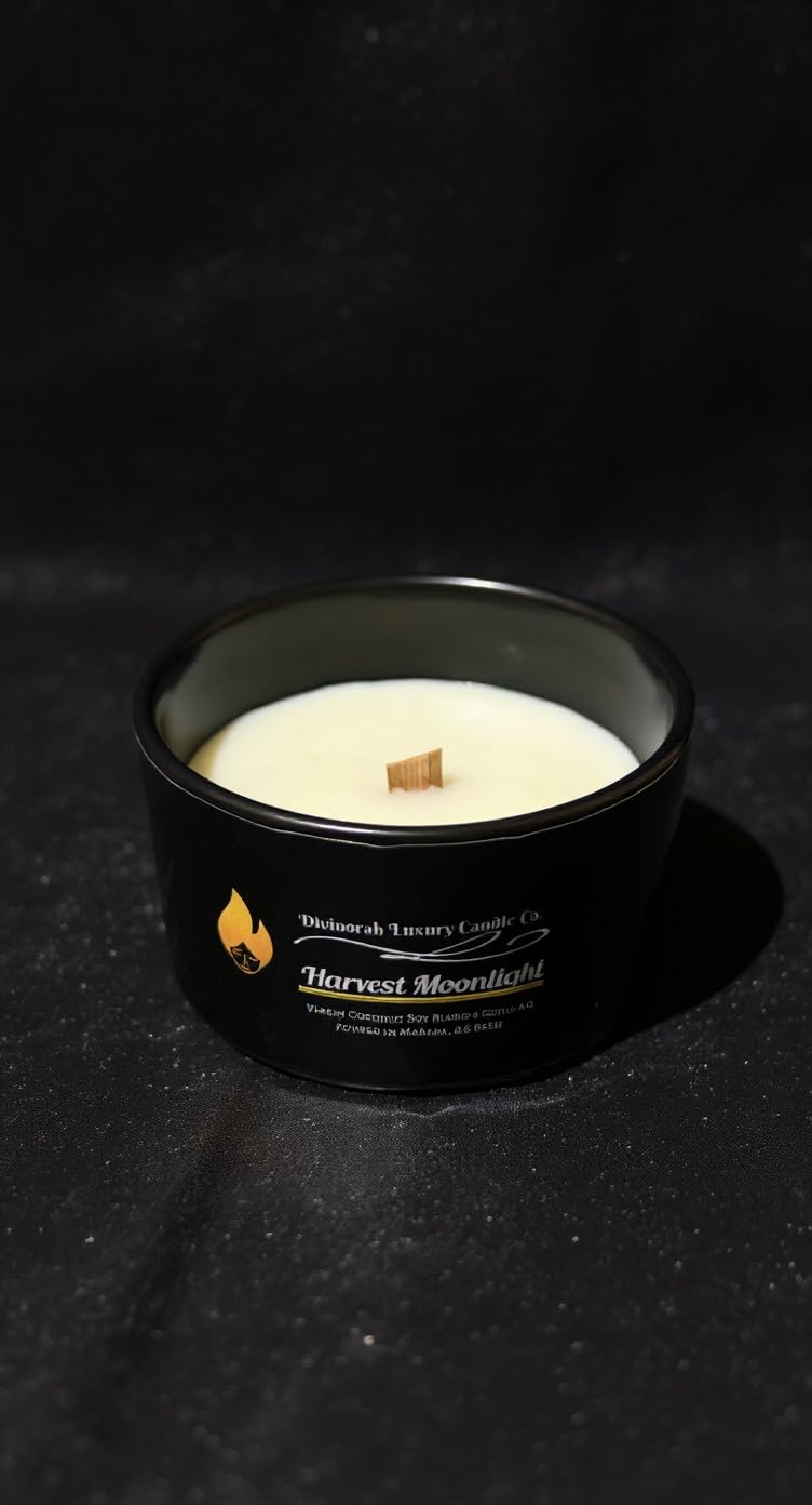 Divinorah Luxury Candle Co. Harvest Moonlight Soy Coconut Blend Candle, Black Matte Container, 4 oz, Crackling Wooden Wick, Fall Collection with Notes of Creamy Coconut and Green Apple.
