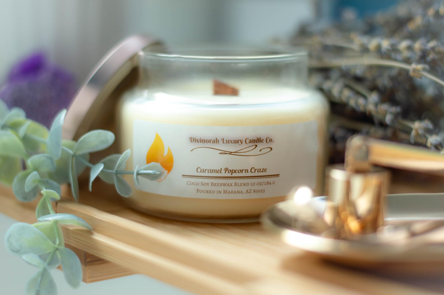 Caramel Popcorn Craze Scented Candle | 16 OZ | Virgin Coconut Soy Blend | Crackling Wooden Wick | Divinorah Luxury Candle Company | Non-Toxic | Large