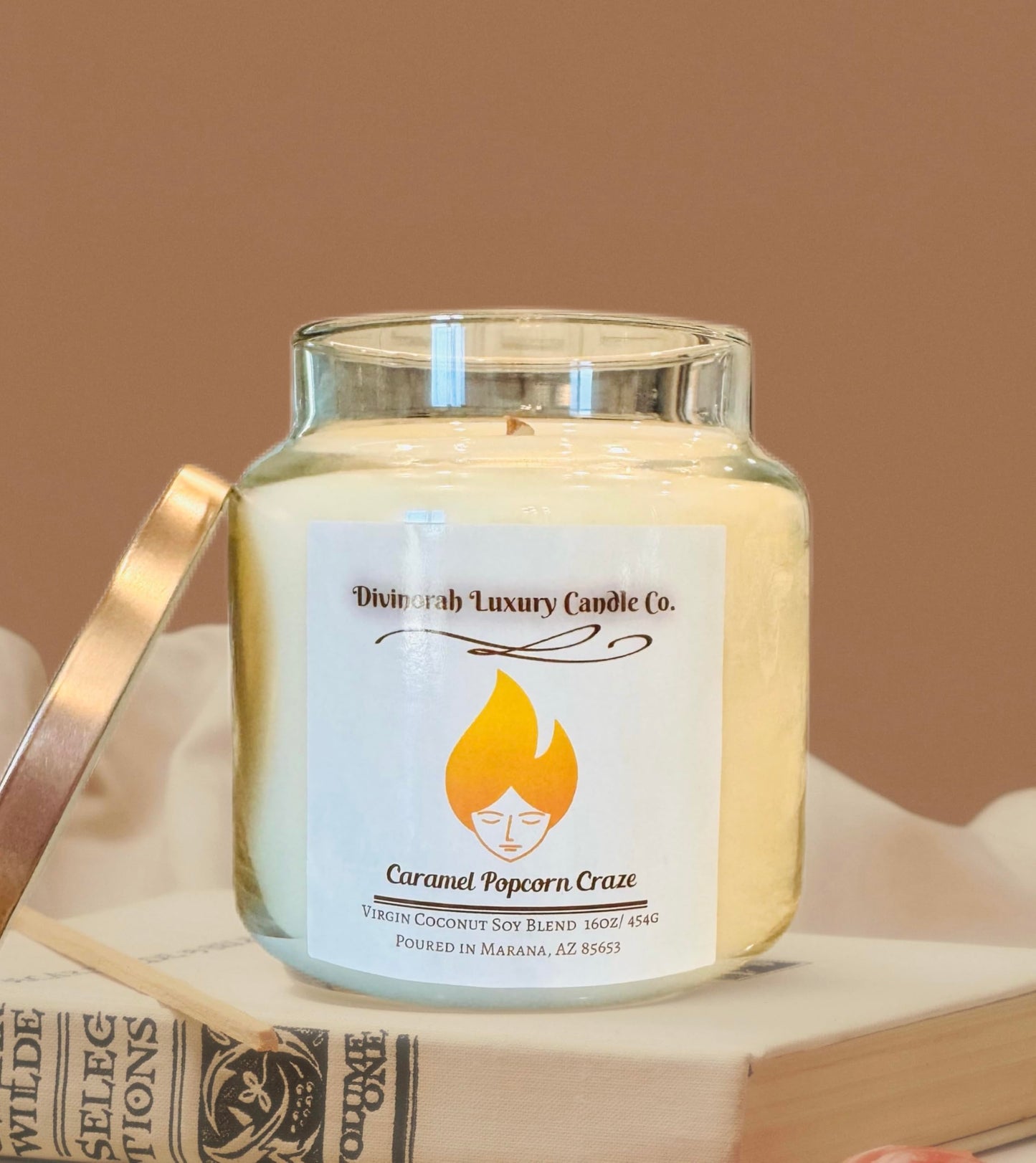Caramel Popcorn Craze Scented Candle | 16 OZ | Virgin Coconut Soy Blend | Crackling Wooden Wick | Divinorah Luxury Candle Company | Non-Toxic | Large