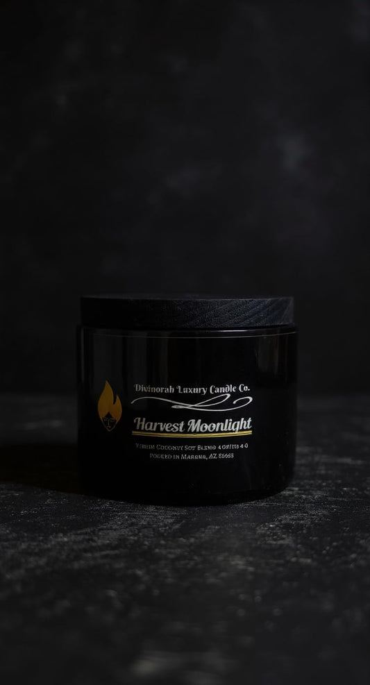 Divinorah Luxury Candle Co. Harvest Moonlight Soy Coconut Blend Candle, Black Matte Container, 4 oz, Crackling Wooden Wick, Fall Collection with Notes of Creamy Coconut and Green Apple.