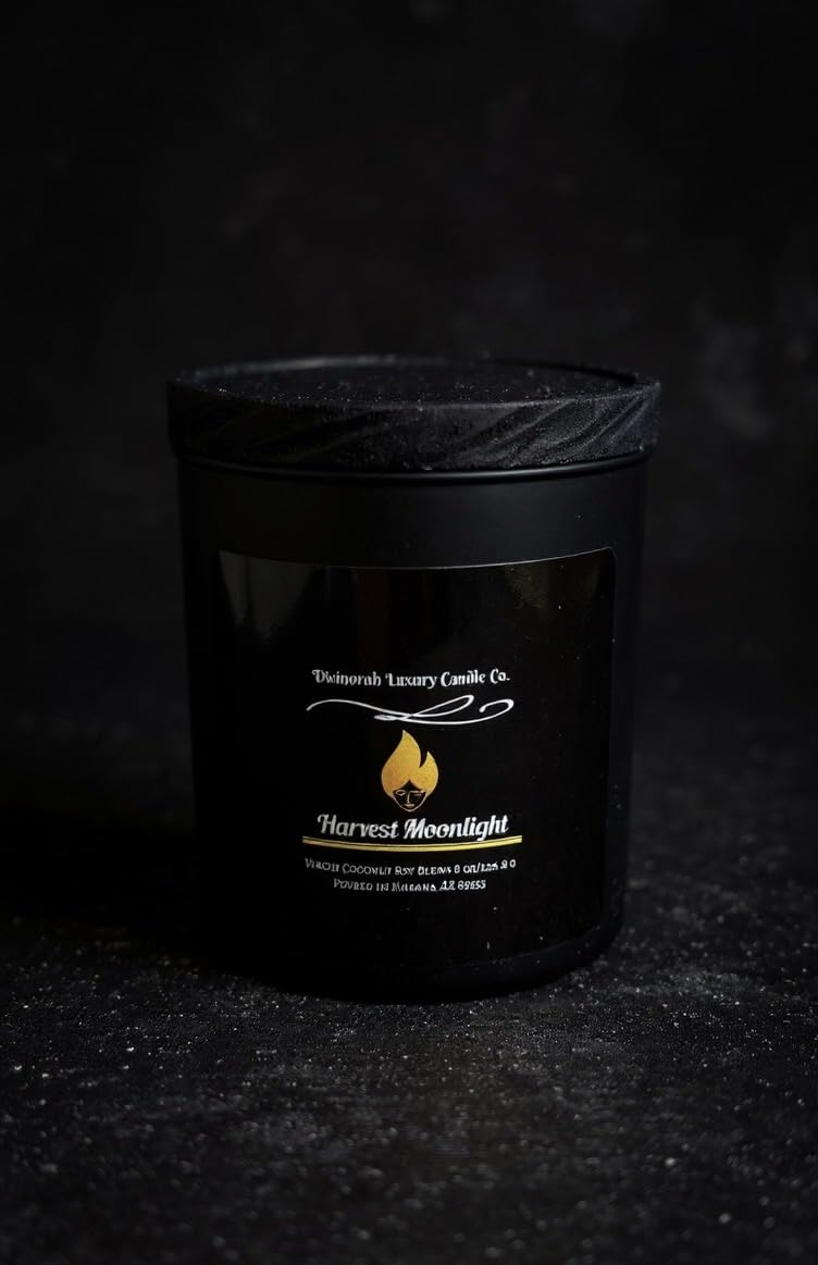Divinorah Luxury Candle Co. Harvest Moonlight Soy Coconut Blend Candle, Black Matte Container, 8 oz, Crackling Wooden Wick, Fall Collection with Notes of Creamy Coconut and Green Apple.