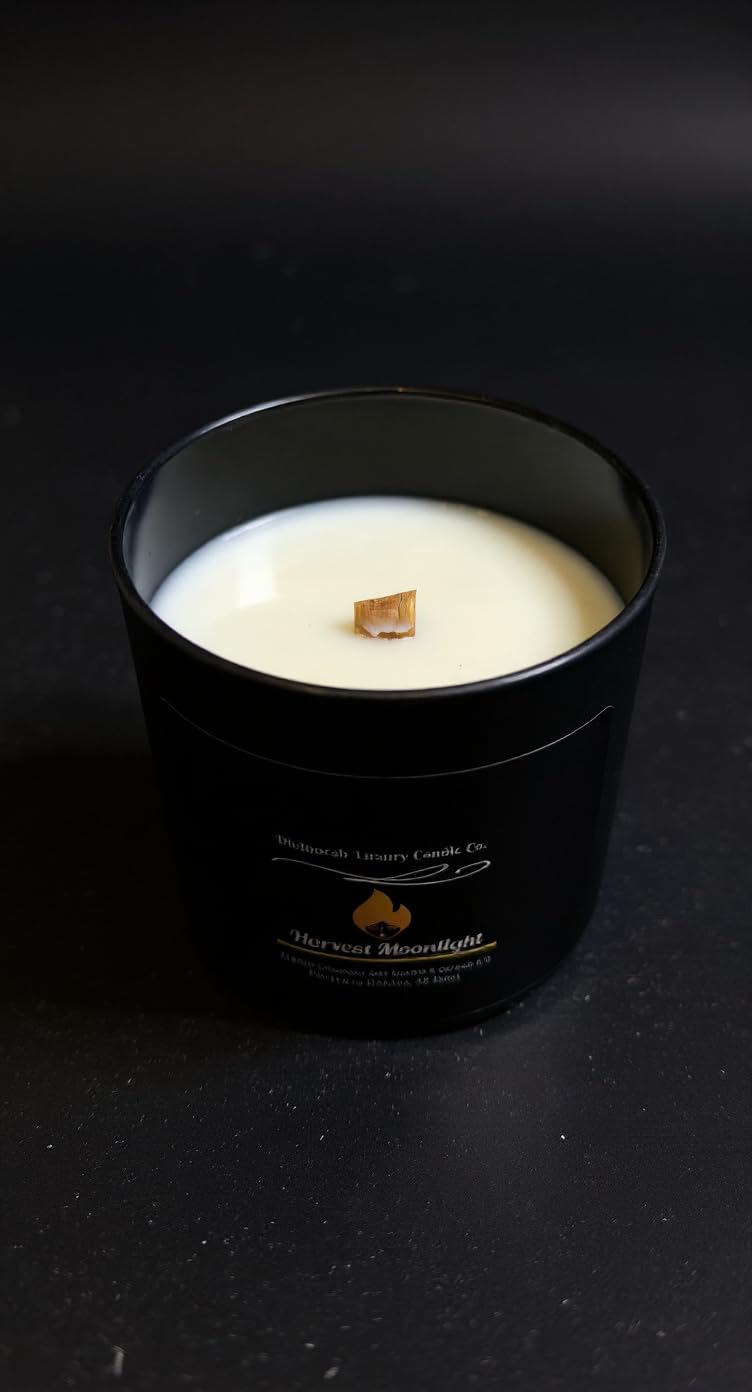 Divinorah Luxury Candle Co. Harvest Moonlight Soy Coconut Blend Candle, Black Matte Container, 8 oz, Crackling Wooden Wick, Fall Collection with Notes of Creamy Coconut and Green Apple.