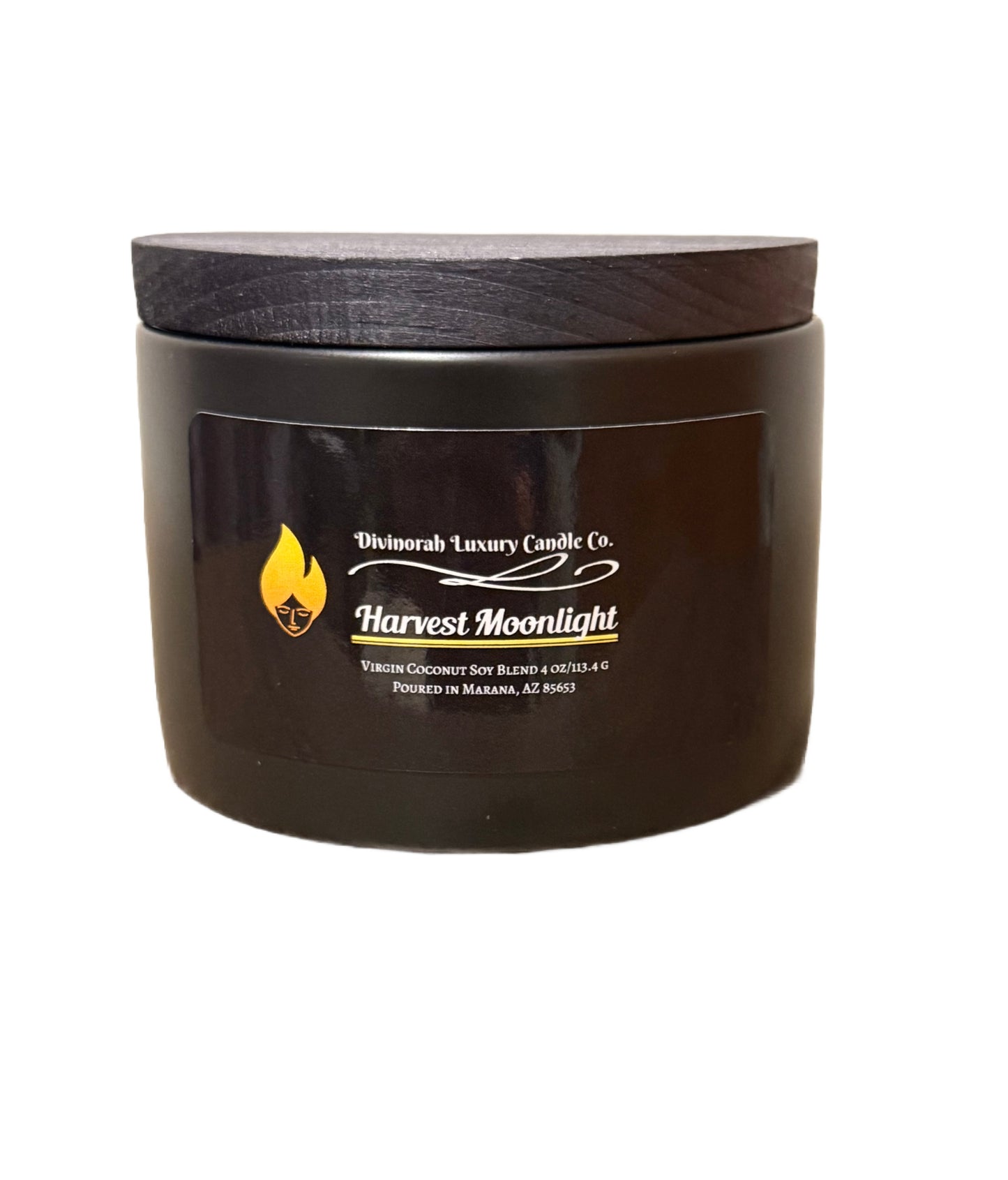 Divinorah Luxury Candle Co. Harvest Moonlight Soy Coconut Blend Candle, Black Matte Container, 4 oz, Crackling Wooden Wick, Fall Collection with Notes of Creamy Coconut and Green Apple.