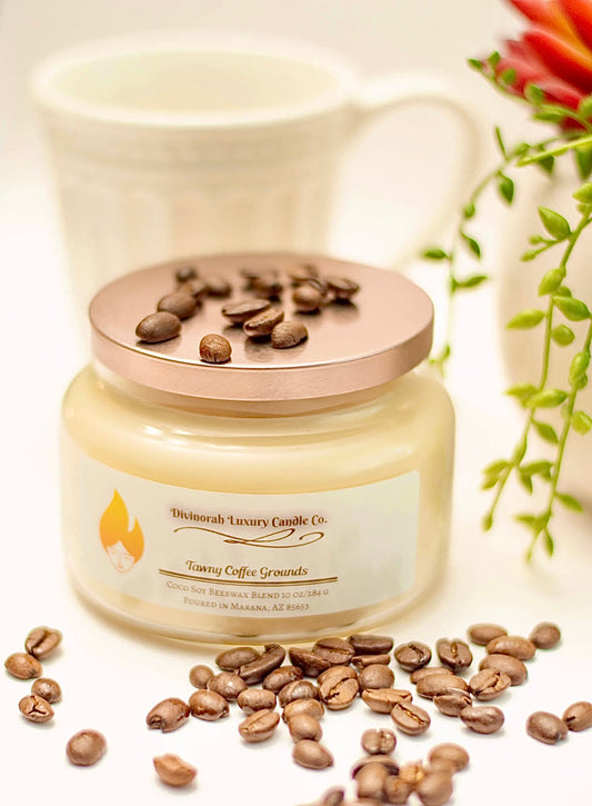Tawny Coffee Grounds | 10 Oz | Coco Soy Beeswax | Crackling Wooden Wick | Divinorah Luxury Candle Company | Non-Toxic (Copy)