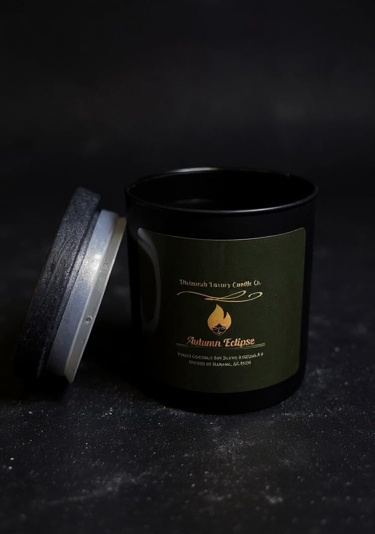 Divinorah Luxury Candle Co. Autumn Eclipse Soy Coconut Blend Candle, Black Matte Container, 8 oz, Crackling Wooden Wick, Fall Collection with Notes of Vanilla Sugar and Toasted Tonka Bean