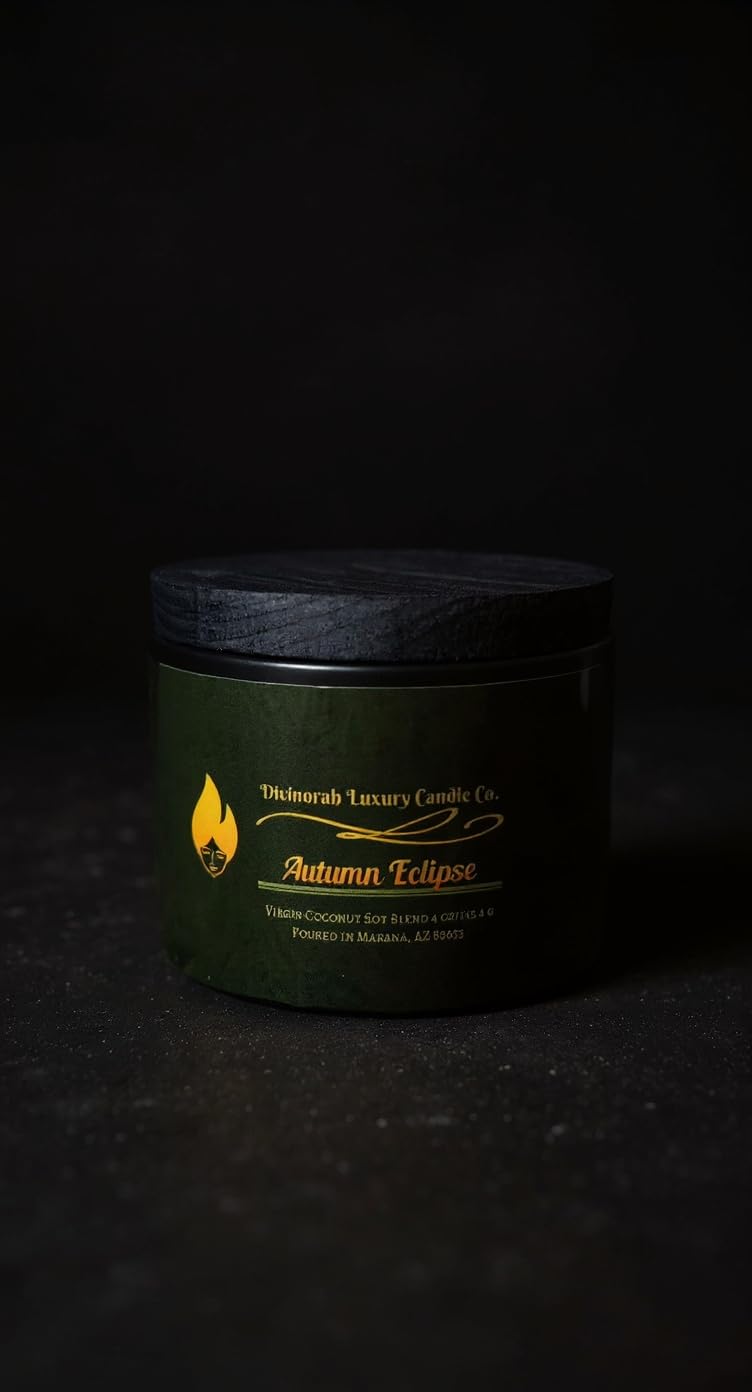 Divinorah Luxury Candle Co. Autumn Eclipse Soy Coconut Blend Candle, Black Matte Container, 4 oz, Crackling Wooden Wick, Fall Collection with Sweet Notes of Vanilla Sugar and Toasted Tonka Bean.
