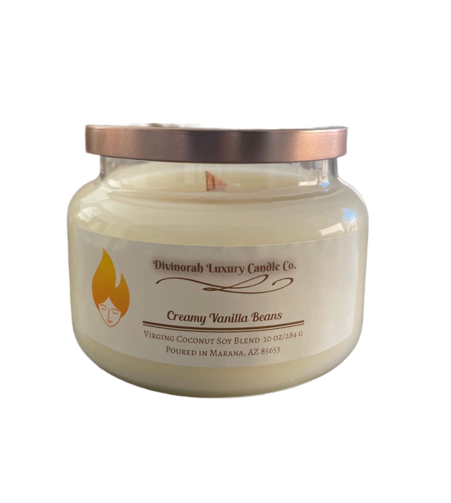 10 OZ | Virgin Coconut Soy Blend Candles with Cracking Wooden Wick | Divinorah Luxury Candle Company | Non-Toxic