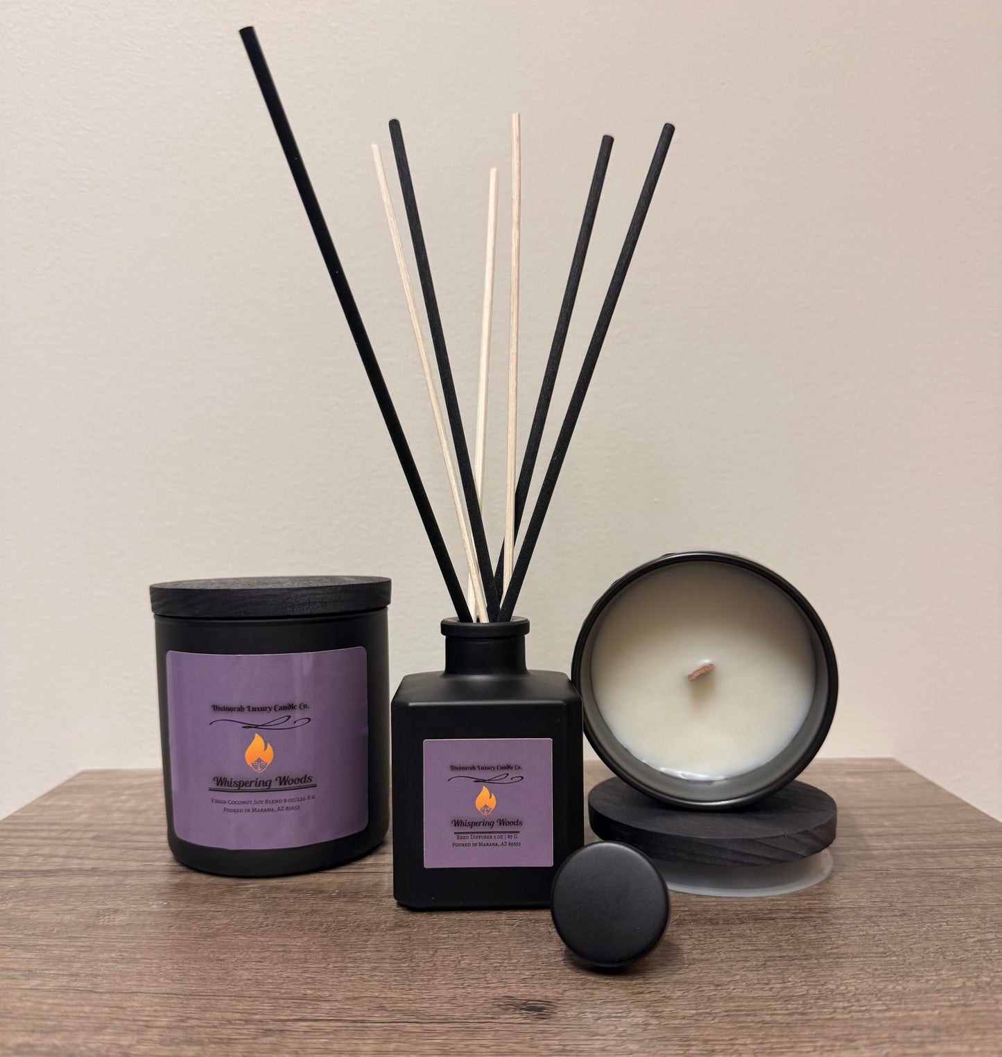 Divinorah Luxury Candle Co. Whispering Woods Scented Candle, Black Matte Glass Jar, Virgin Coconut Soy Blend, 8 oz, Fall Collection, Natural Fragrance