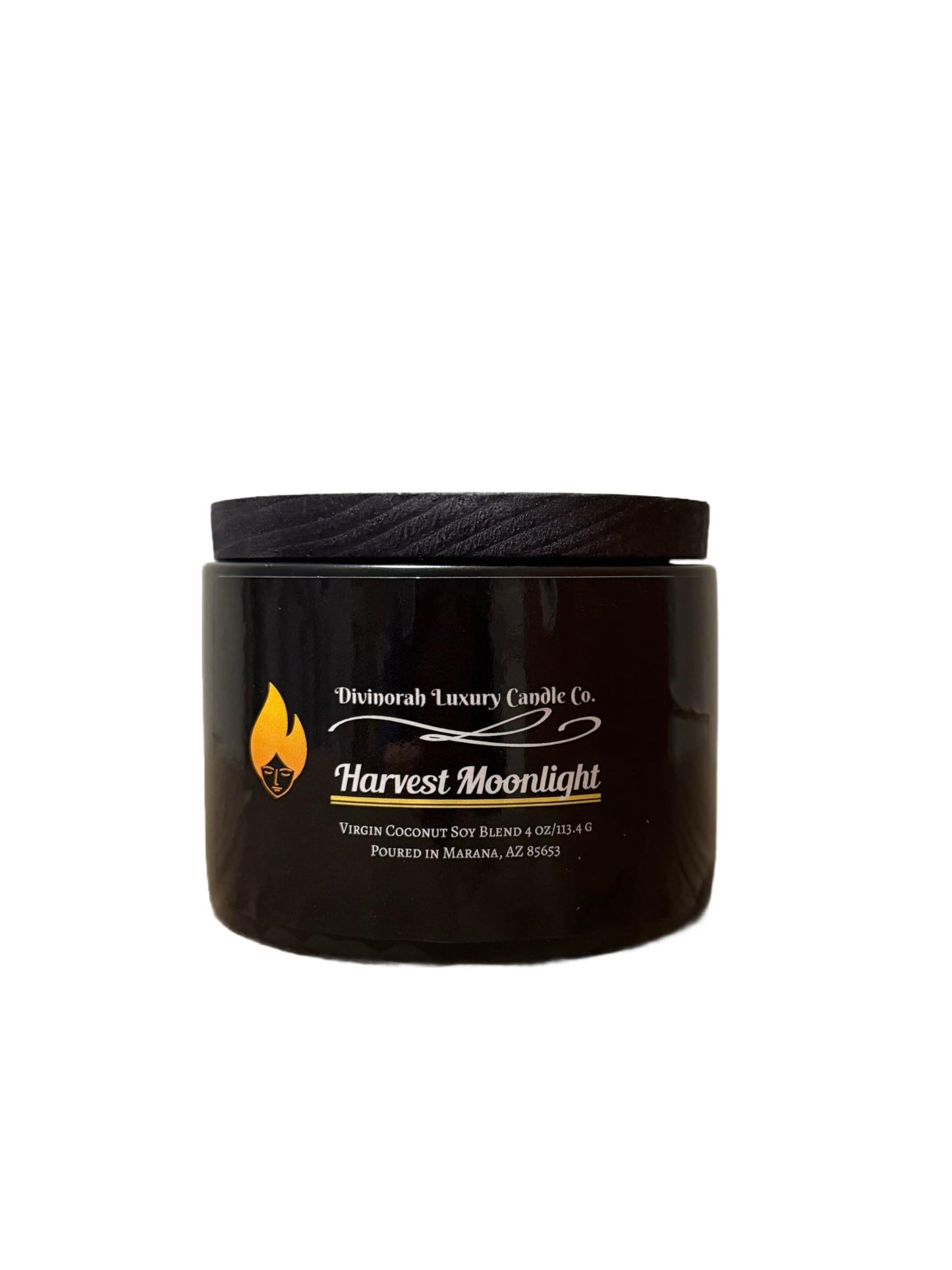 Divinorah Luxury Candle Co. Harvest Moonlight Soy Coconut Blend Candle, Black Matte Container, 4 oz, Crackling Wooden Wick, Fall Collection with Notes of Creamy Coconut and Green Apple.