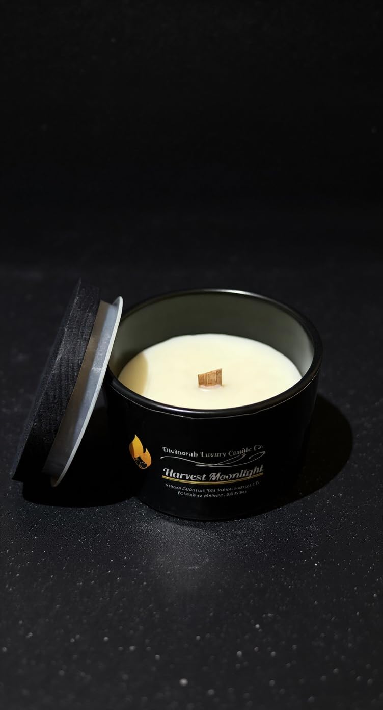 Divinorah Luxury Candle Co. Harvest Moonlight Soy Coconut Blend Candle, Black Matte Container, 4 oz, Crackling Wooden Wick, Fall Collection with Notes of Creamy Coconut and Green Apple.